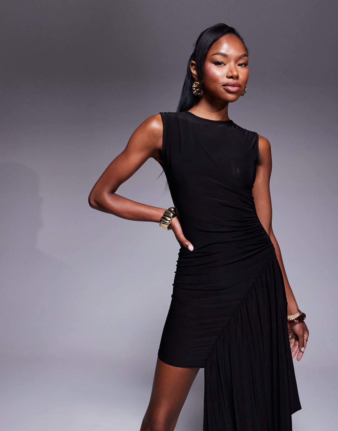 Kaiia exclusive double layered slinky sleeveless asymmetric waist drape detail mini dress in black