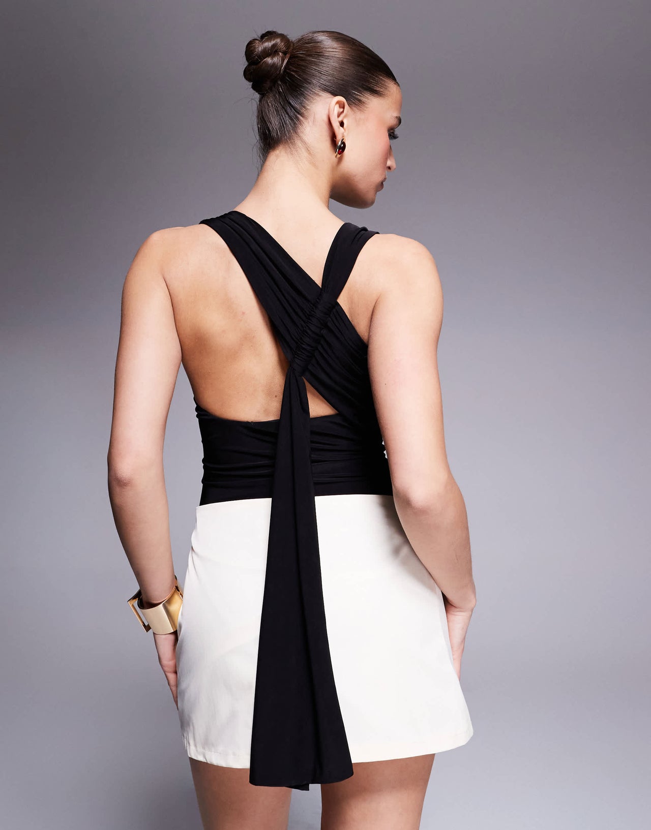 Kaiia exclusive double layered slinky racerneck gathered back drape detail body in black