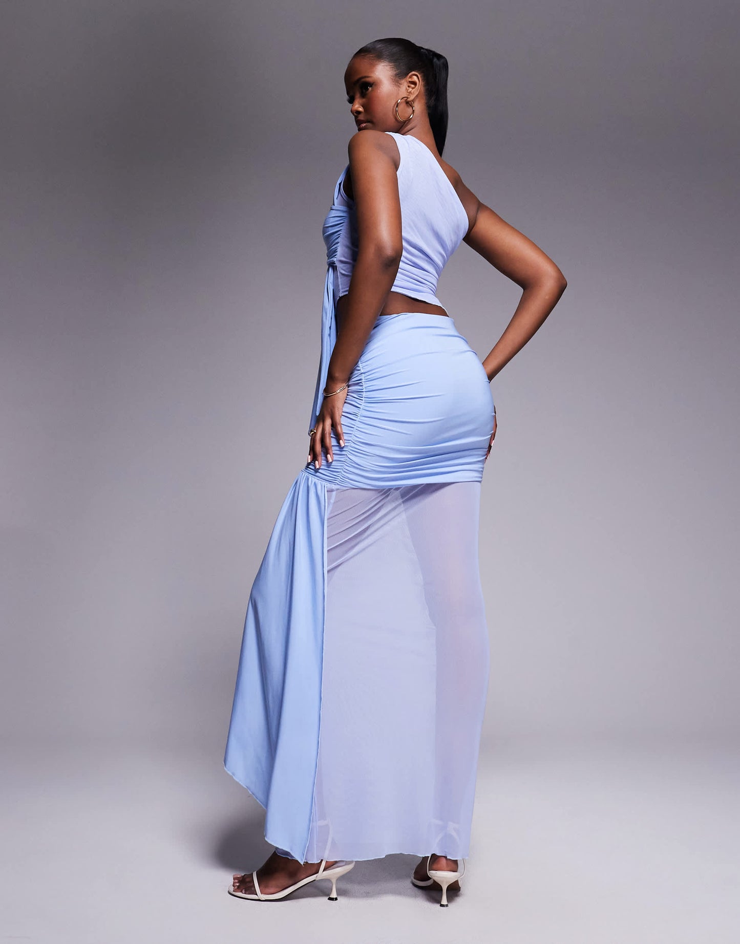 Kaiia exclusive double layered slinky mesh drape detail sheer hem maxi skirt co-ord in light blue