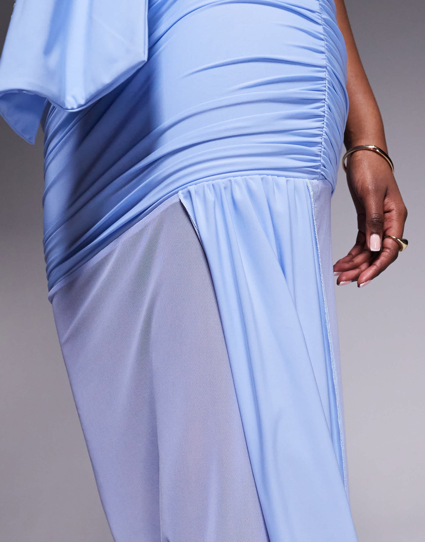 Kaiia exclusive double layered slinky mesh drape detail sheer hem maxi skirt co-ord in light blue