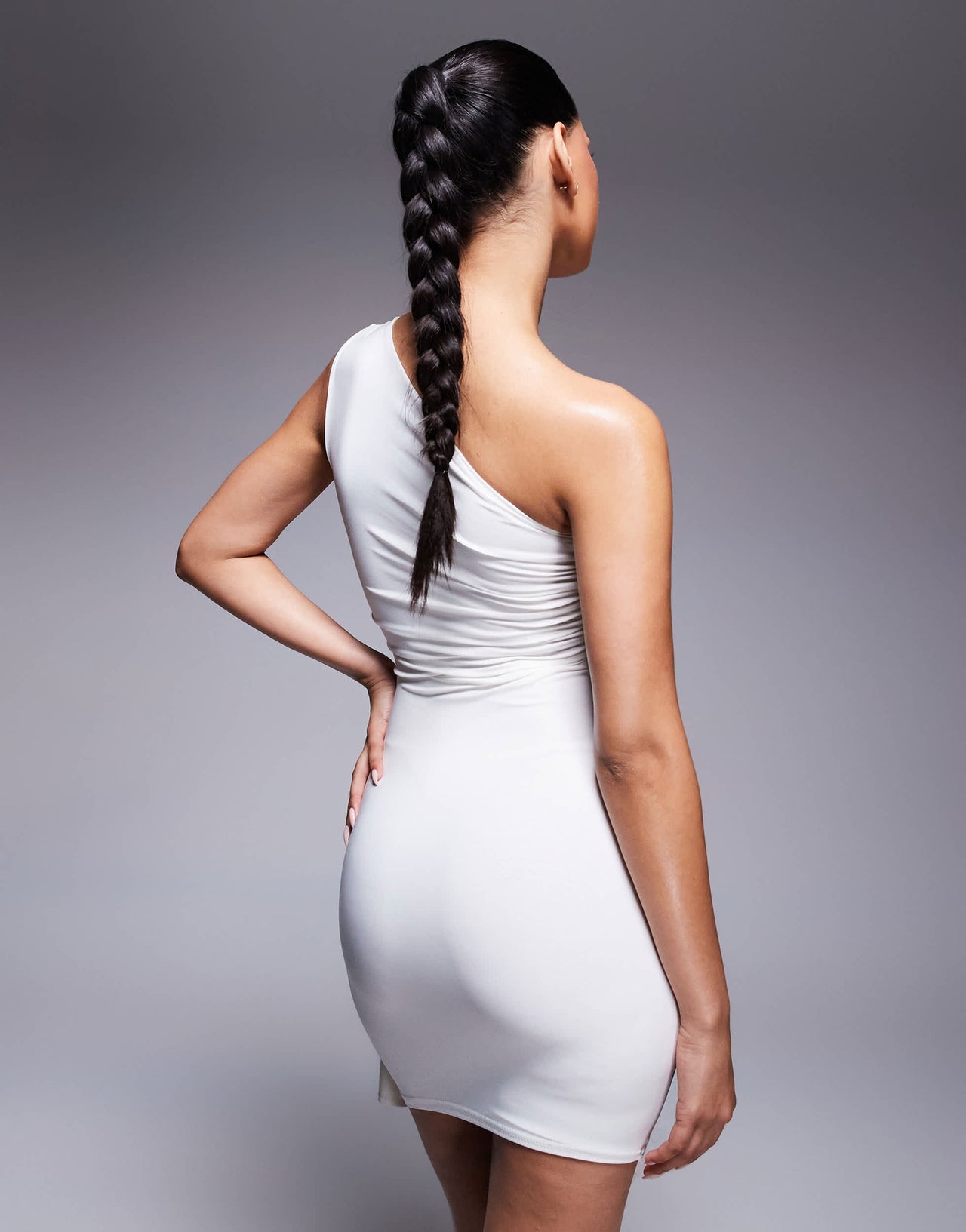Kaiia exclusive double layered slinky one shoulder cross over drape detail mini dress in white
