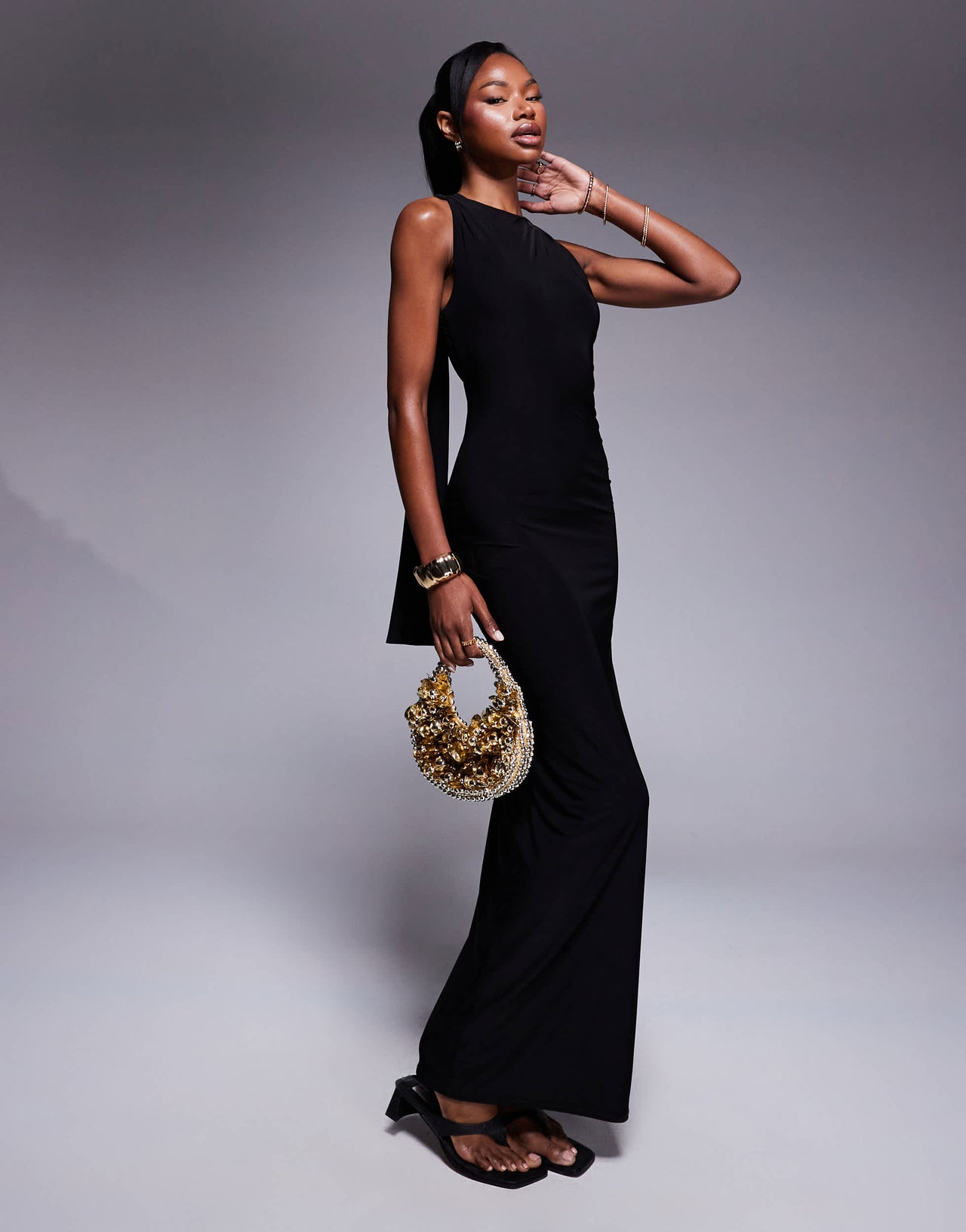 Kaiia exclusive double layered slinky racerneck gathered back drape detail maxi dress in black