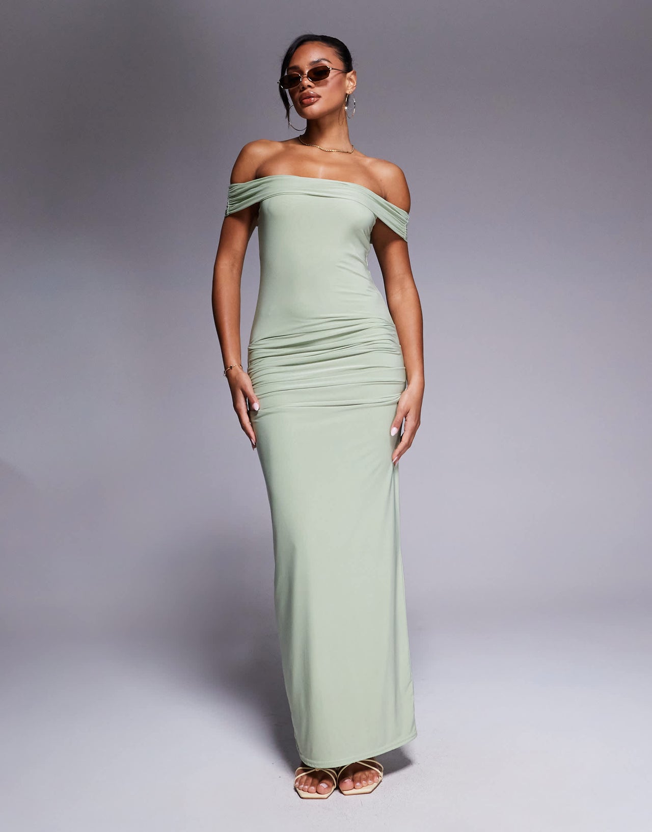 Kaiia exclusive double layered slinky bardot gathered waist detail maxi dress in sage