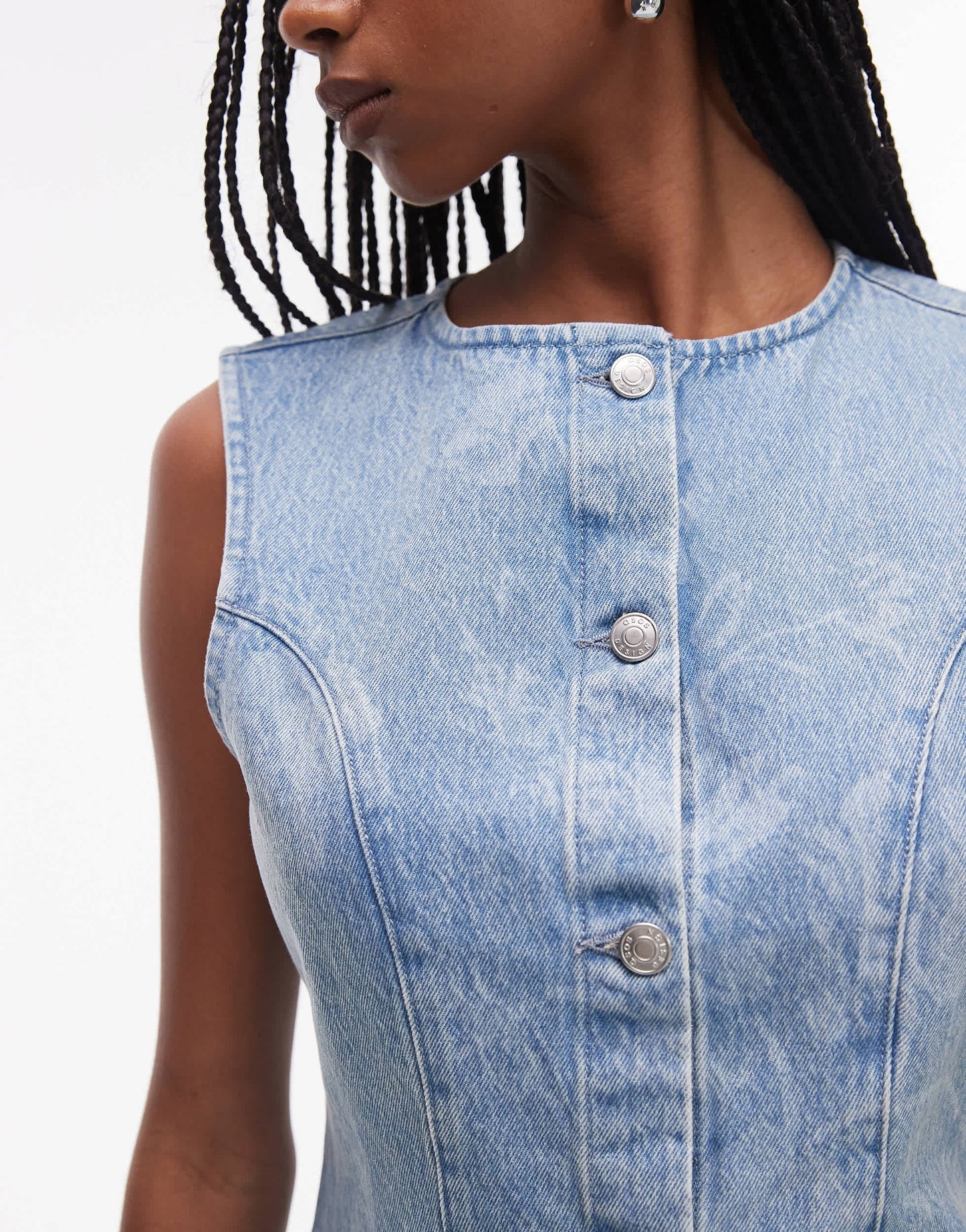 ASOS DESIGN denim cinch waistcoat in floral mid wash blue