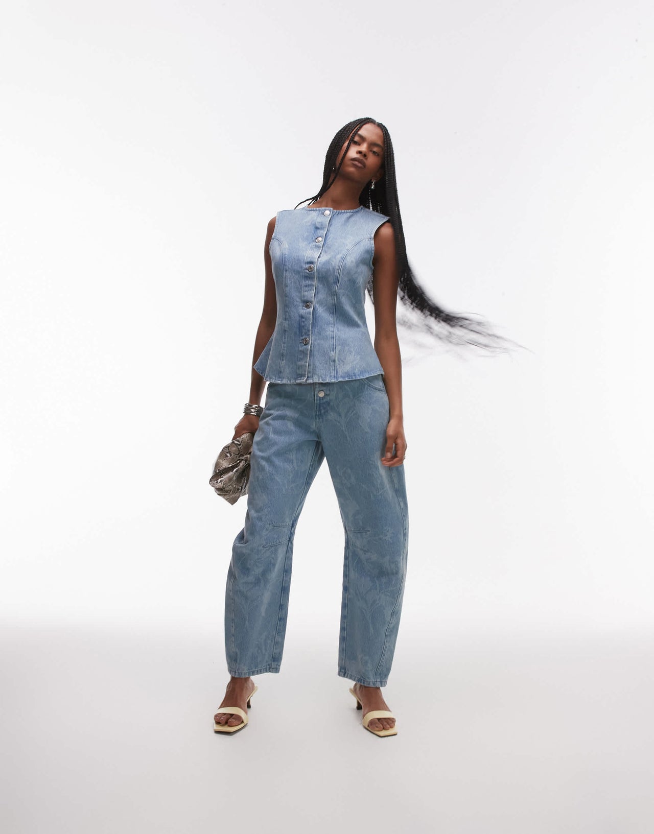 ASOS DESIGN denim cinch waistcoat in floral mid wash blue