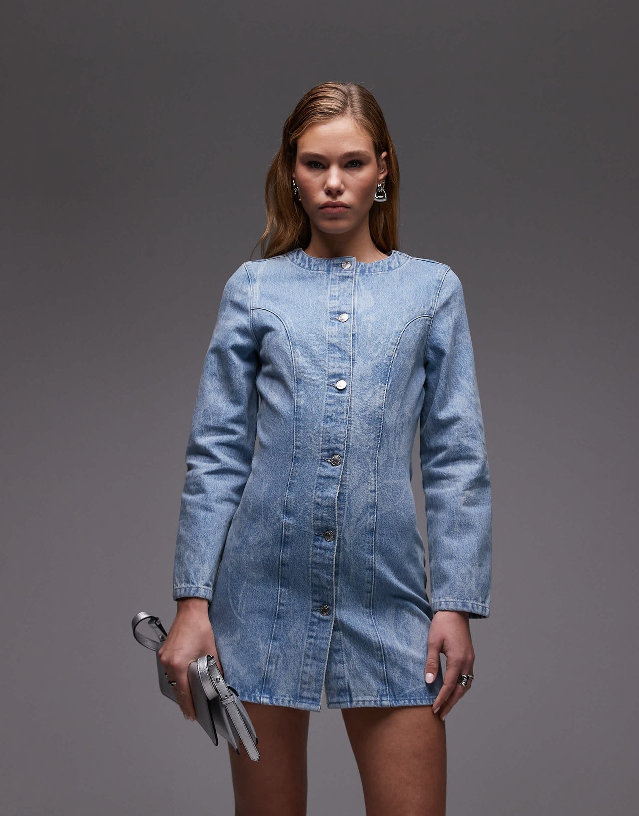 ASOS DESIGN cocoon sleeve cinch dress in floral mid wash blue