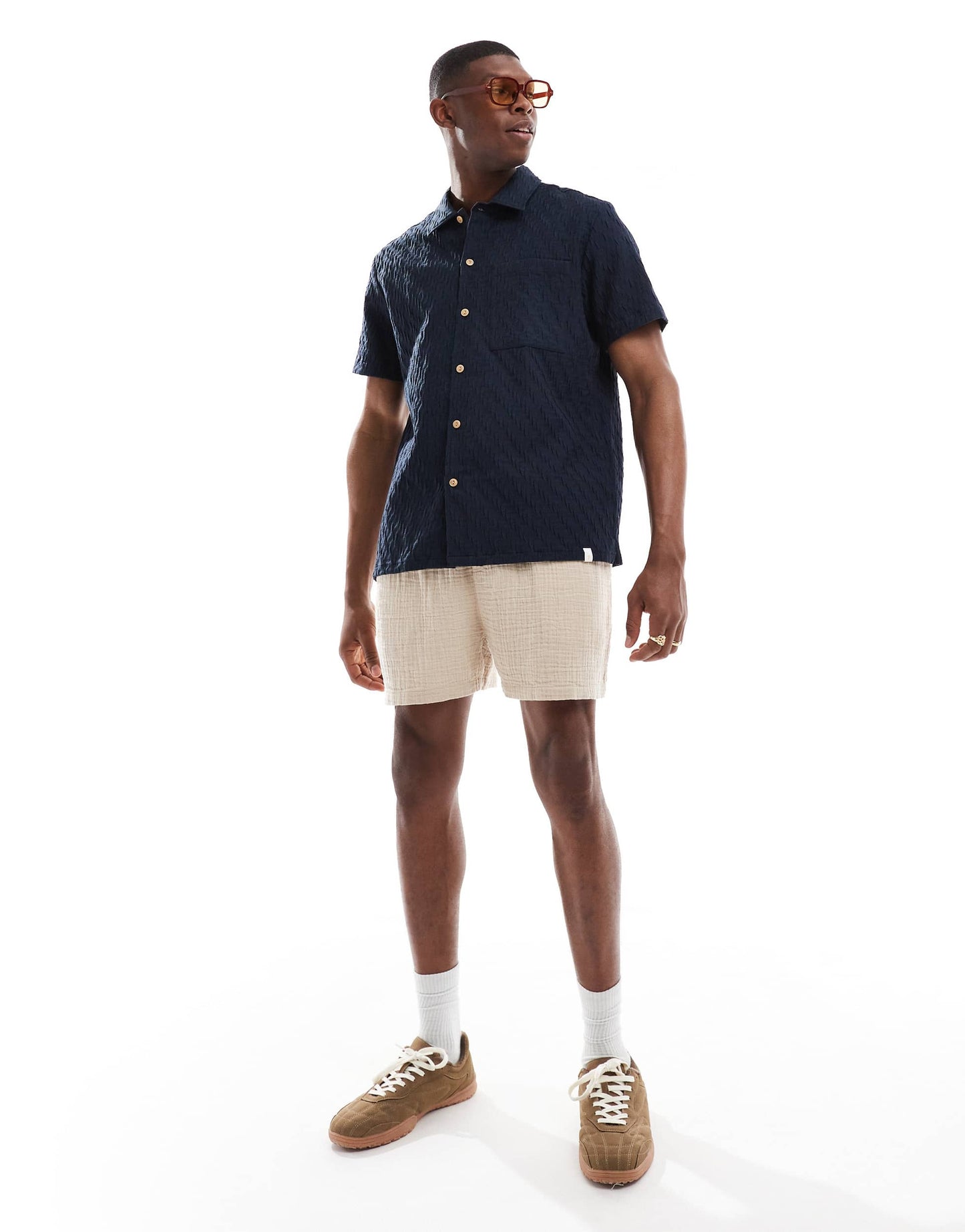 Farah finn short sleeve textured shirt in navy