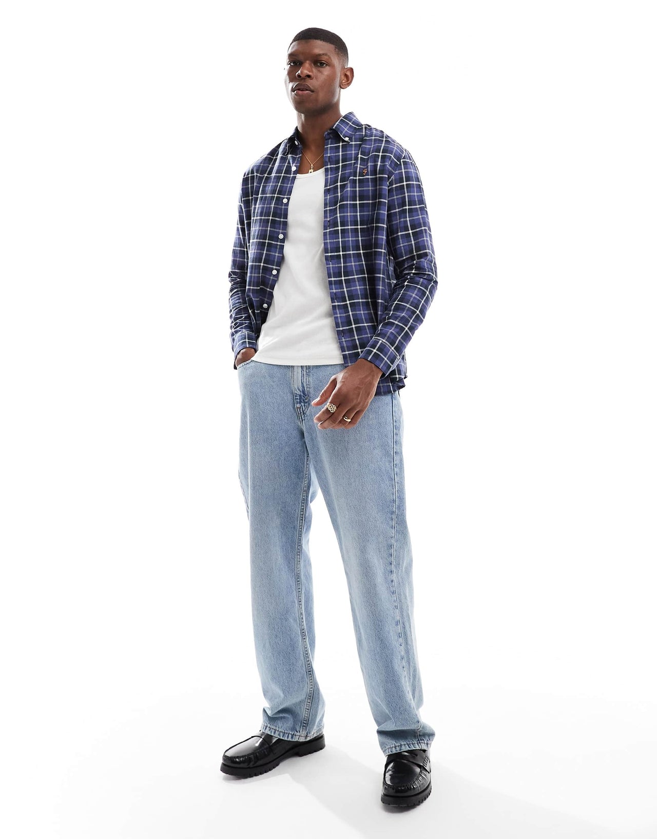 Farah Macgregor long sleeve checked shirt in black and blue