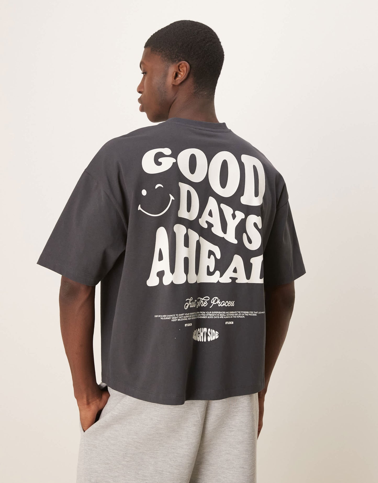 ASOS DESIGN oversize boxy t-shirt with Good Days Ahead graphic in grey