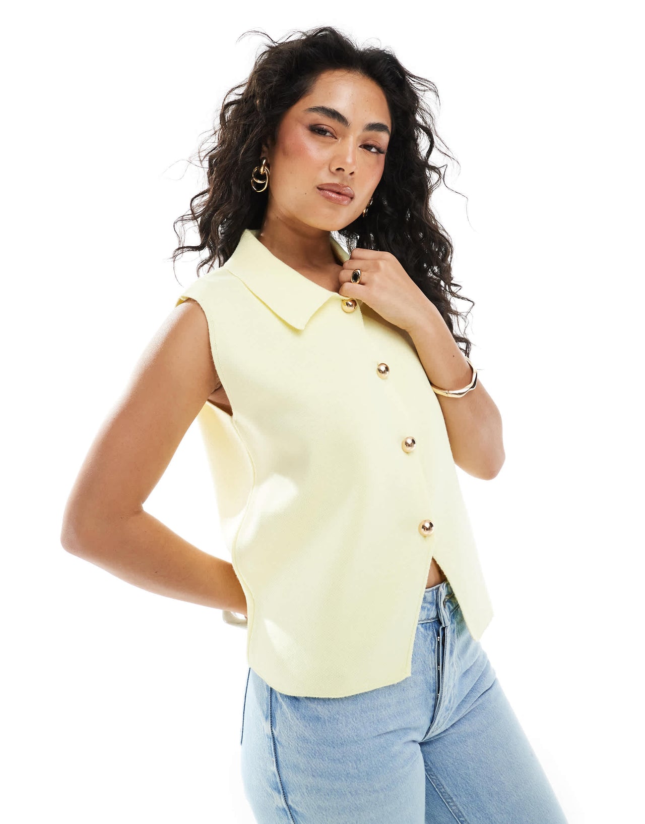 ASOS DESIGN compact knit waistcoat with collar in buttermilk yellow