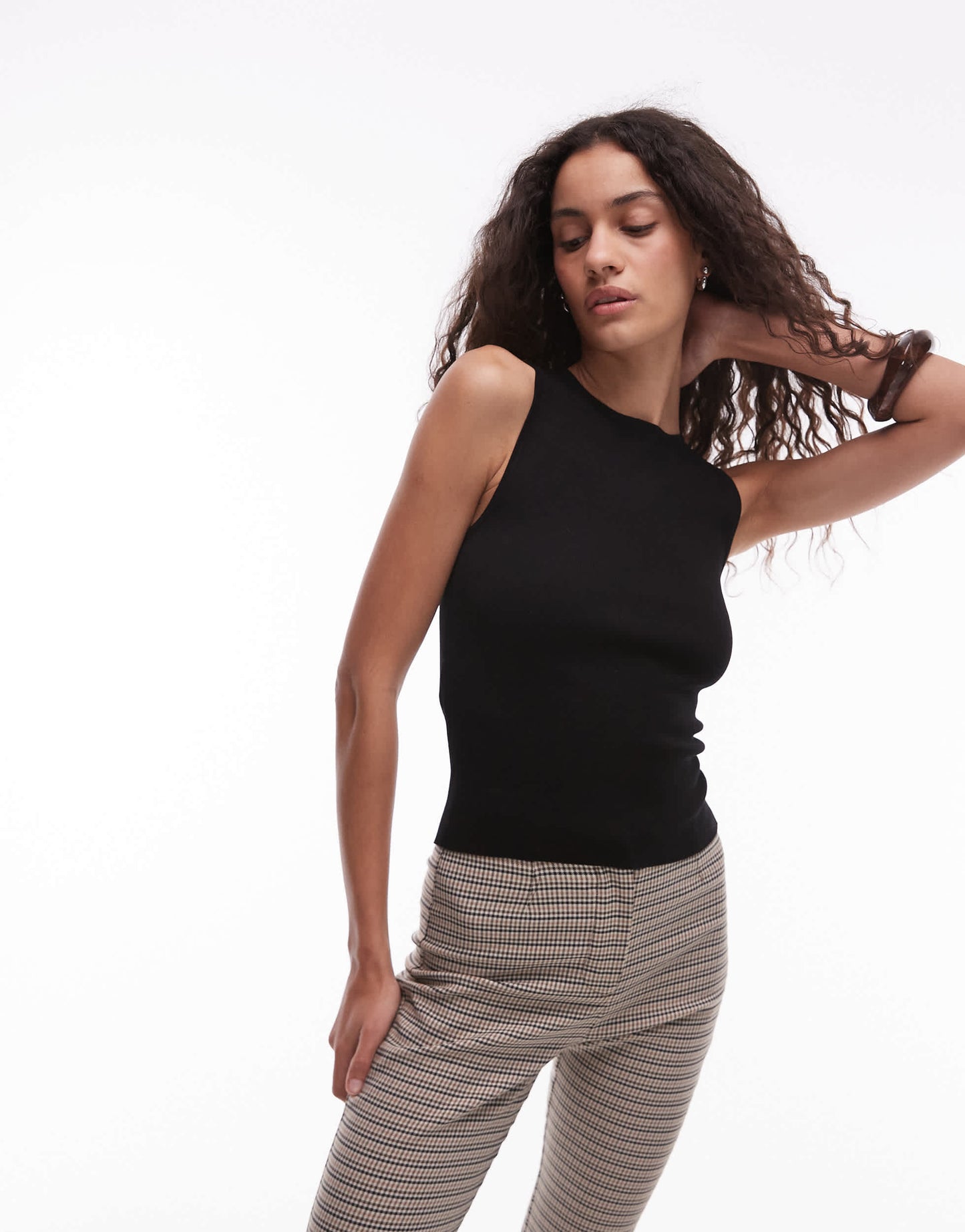 Mango round neck ribbed vest in black