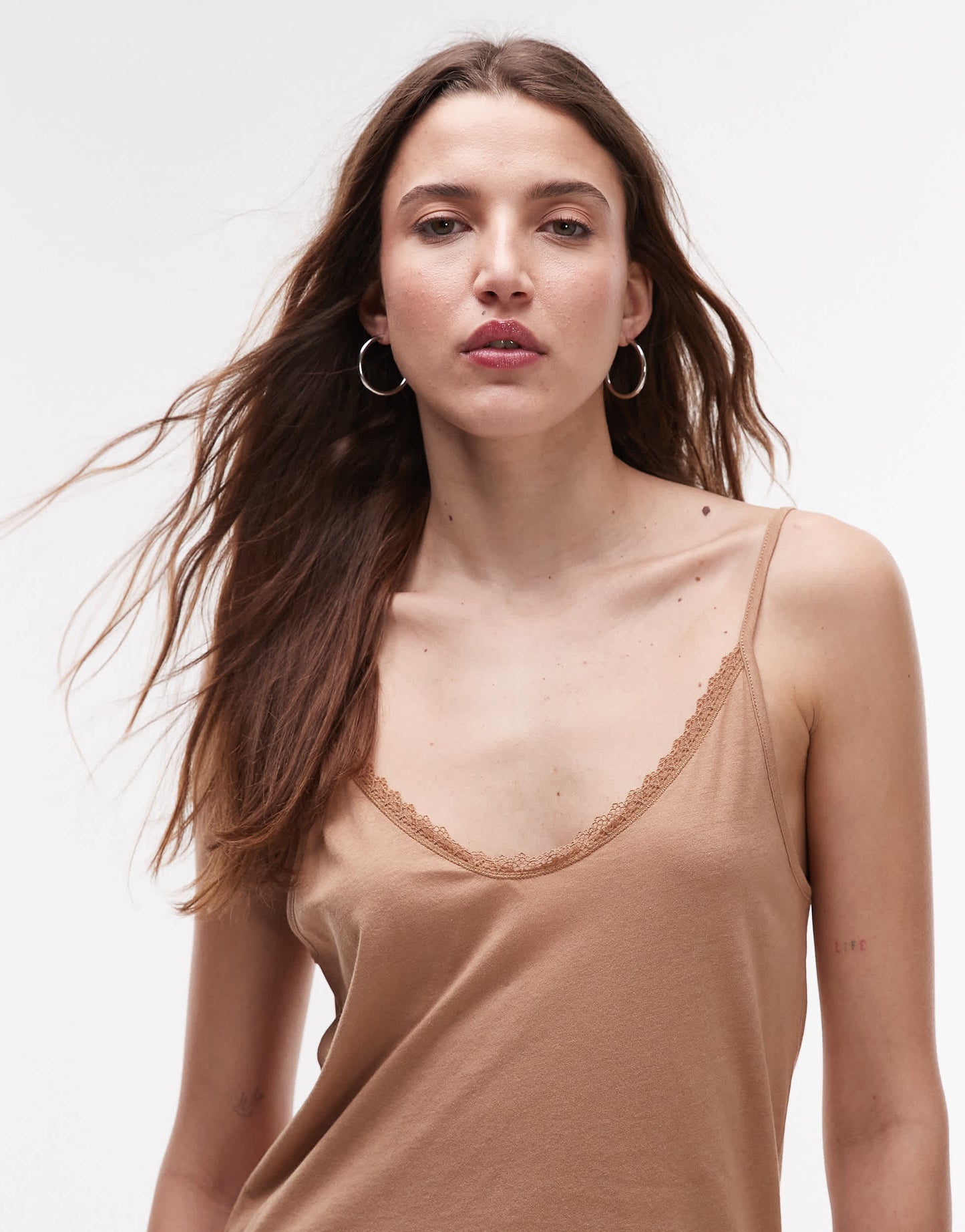 Mango soft touch modal pyjama cami top co-ord with satin trim in tan