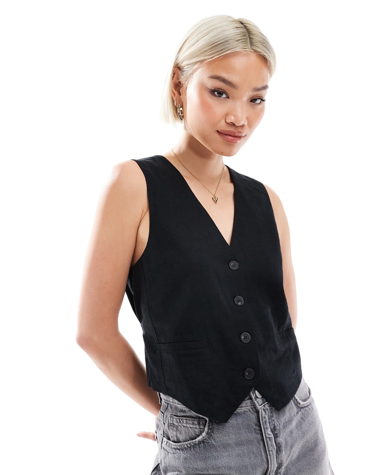 Pull&Bear linen look waistcoat in black
