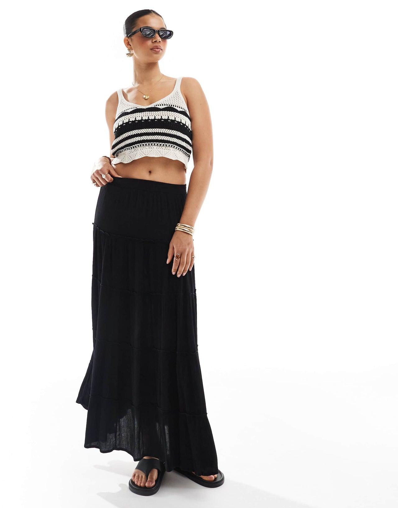 Pull&Bear tiered maxi skirt in black