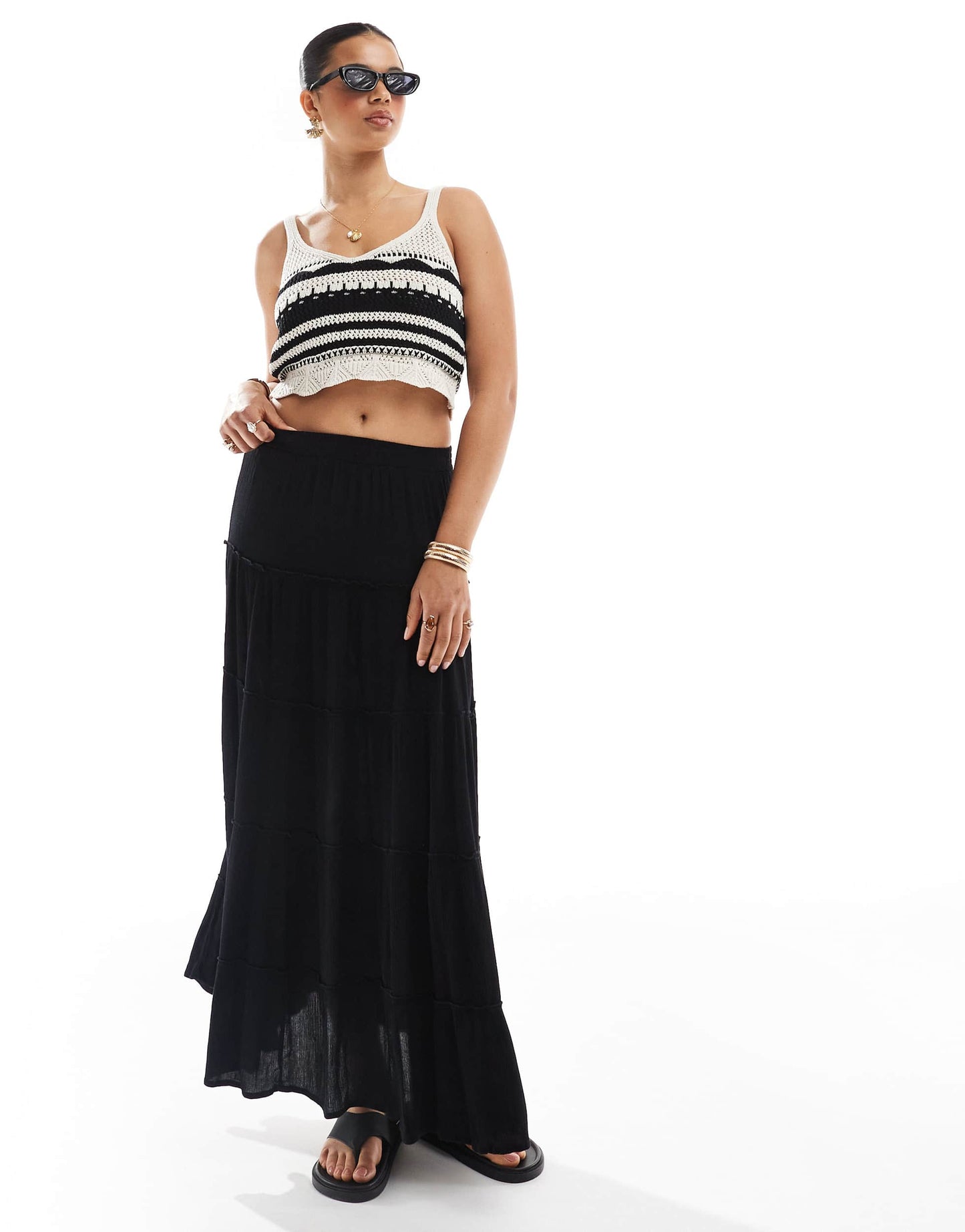 Pull&Bear tiered maxi skirt in black