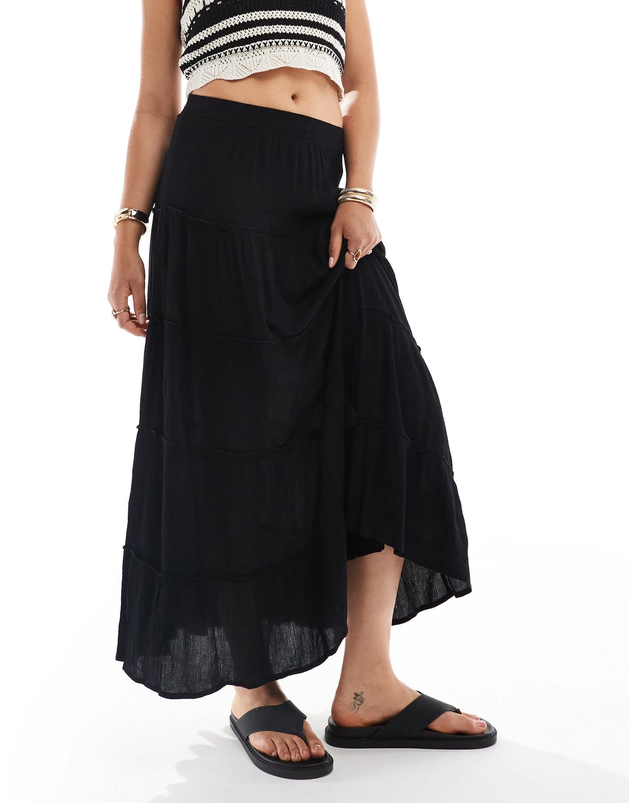 Pull&Bear tiered maxi skirt in black