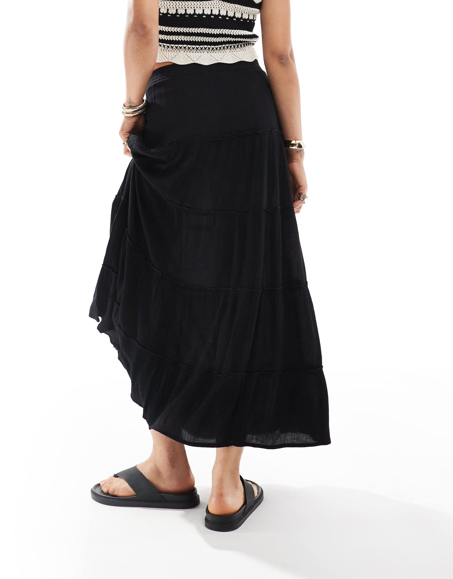 Pull&Bear tiered maxi skirt in black