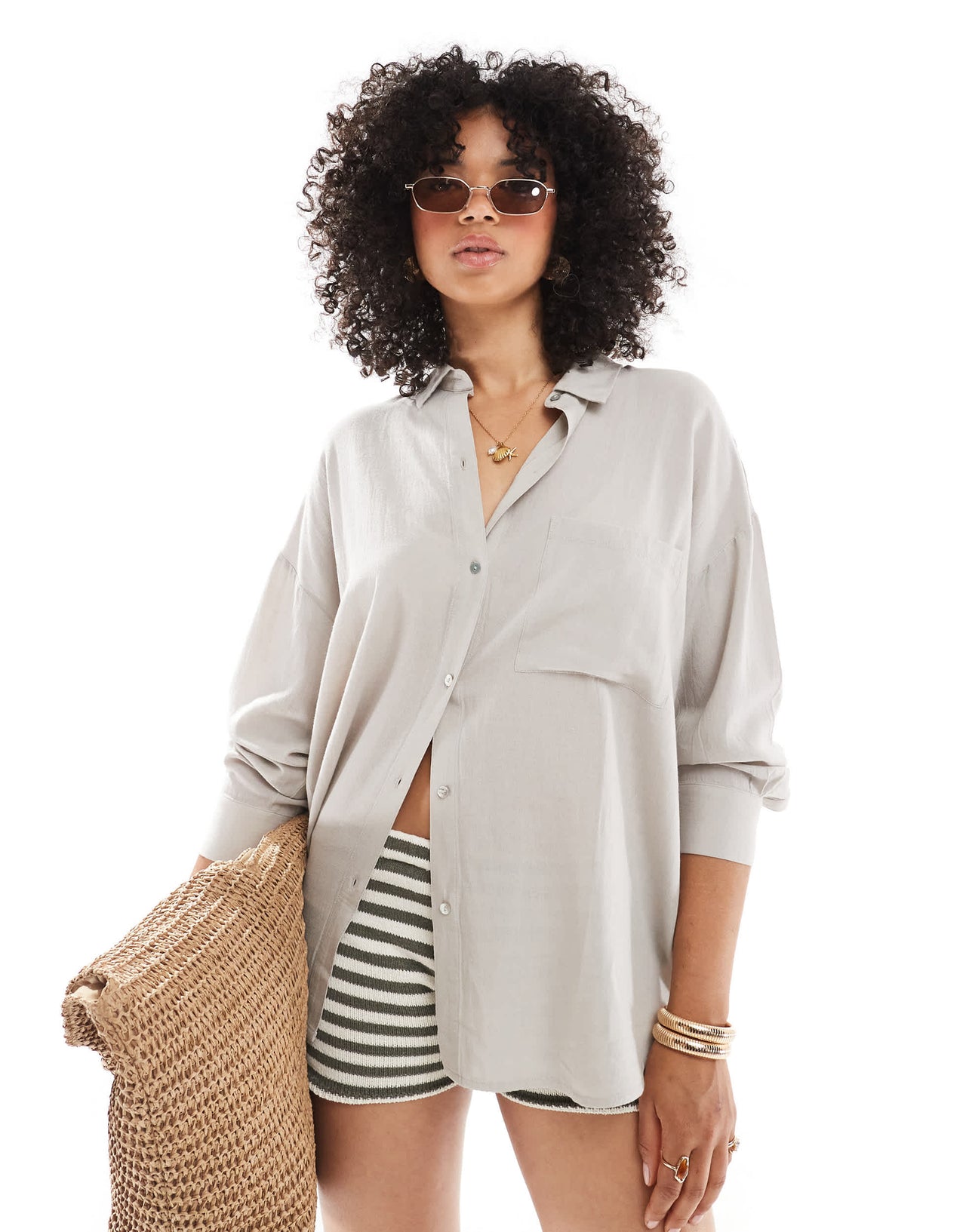 Pull&Bear oversized linen look shirt in beige