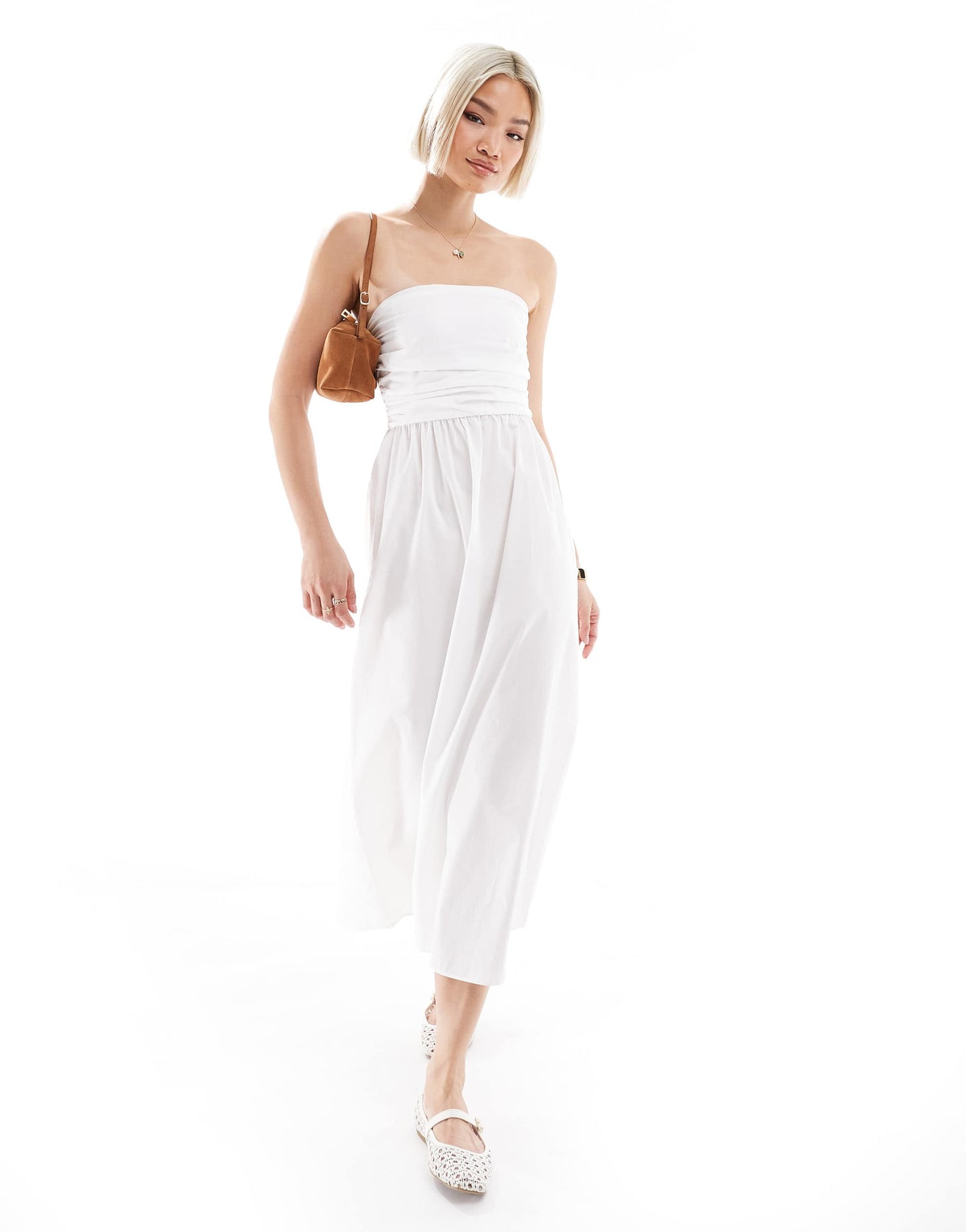 Pull&Bear poplin ruched detail bandeau midaxi dress in white