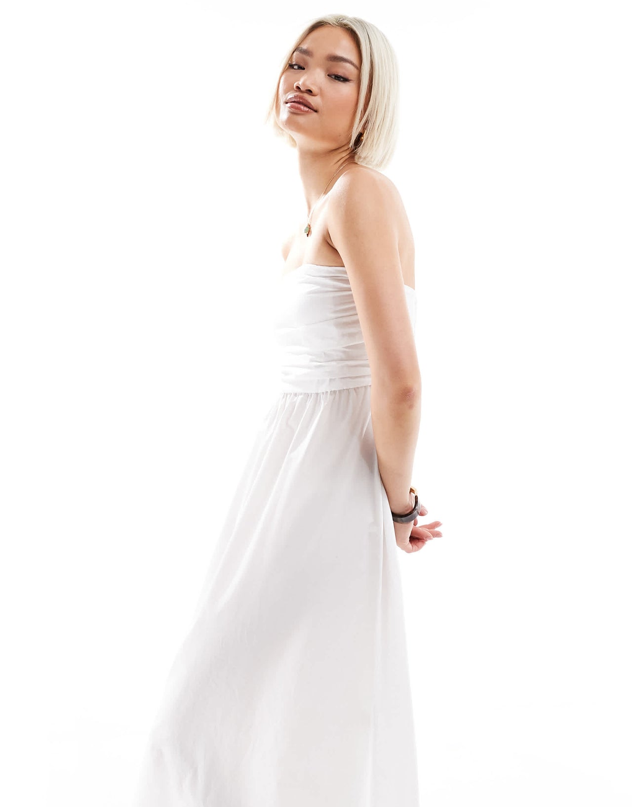 Pull&Bear poplin ruched detail bandeau midaxi dress in white