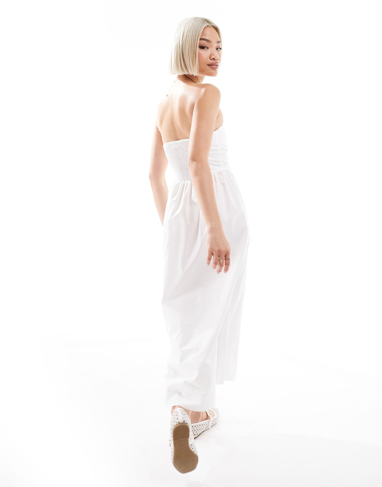 Pull&Bear poplin ruched detail bandeau midaxi dress in white