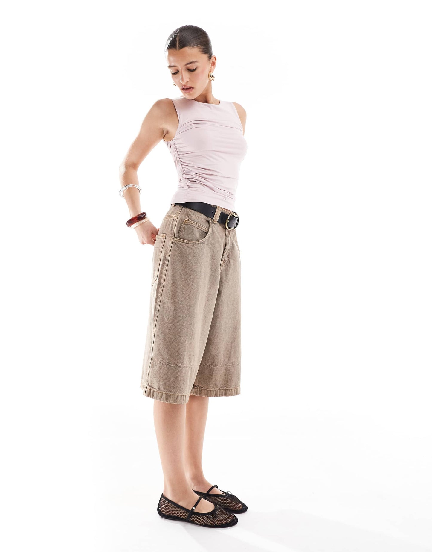 Stradivarius ruched tank top in baby pink