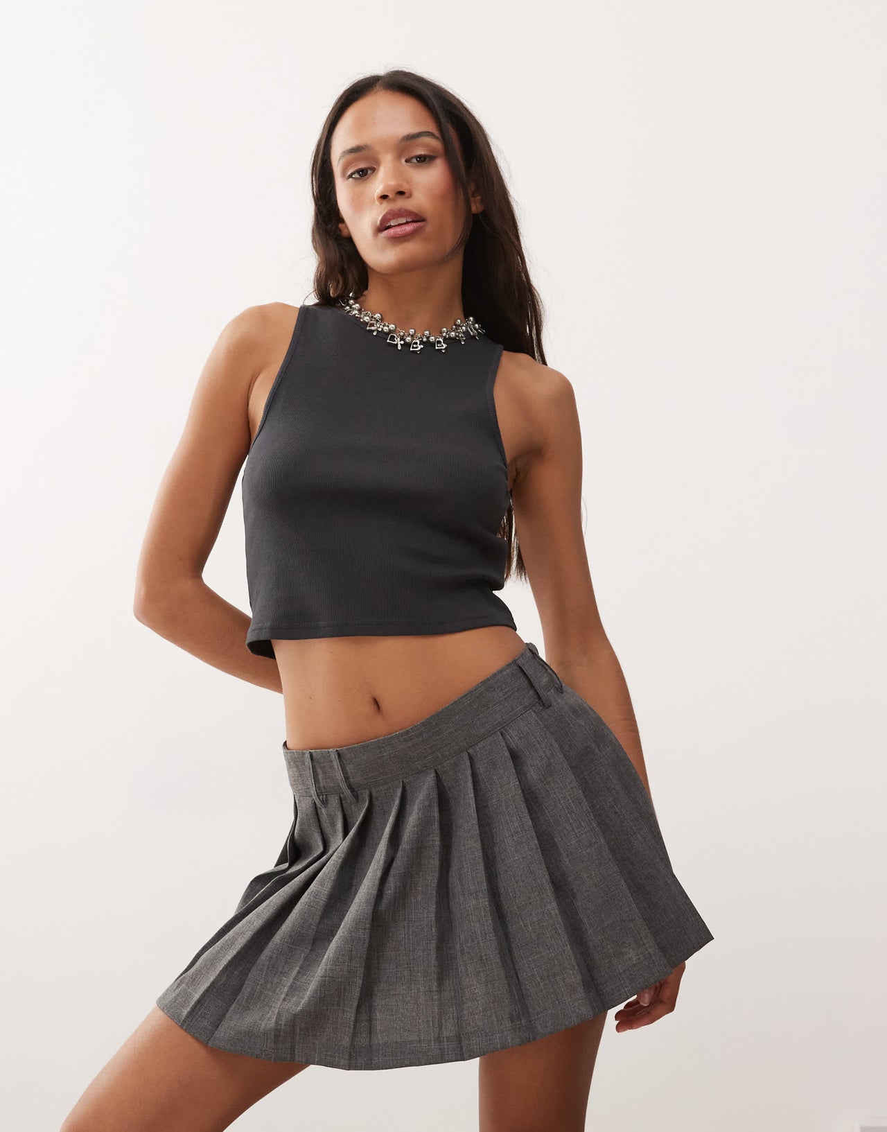 Weekday crop ribbed tank top in off-black