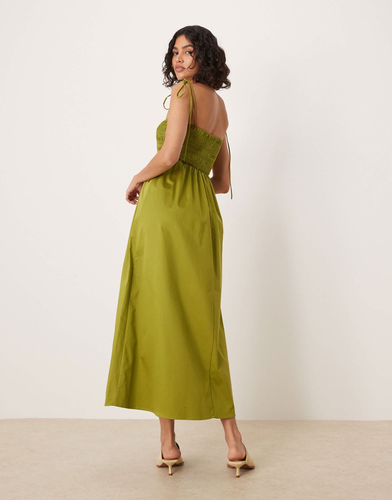 ASOS DESIGN shirred bust cotton poplin midi dress in khaki