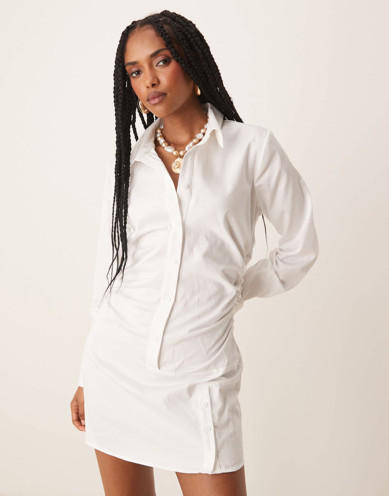ASOS DESIGN cotton ruched waist shirt mini dress with flared sleeve in white
