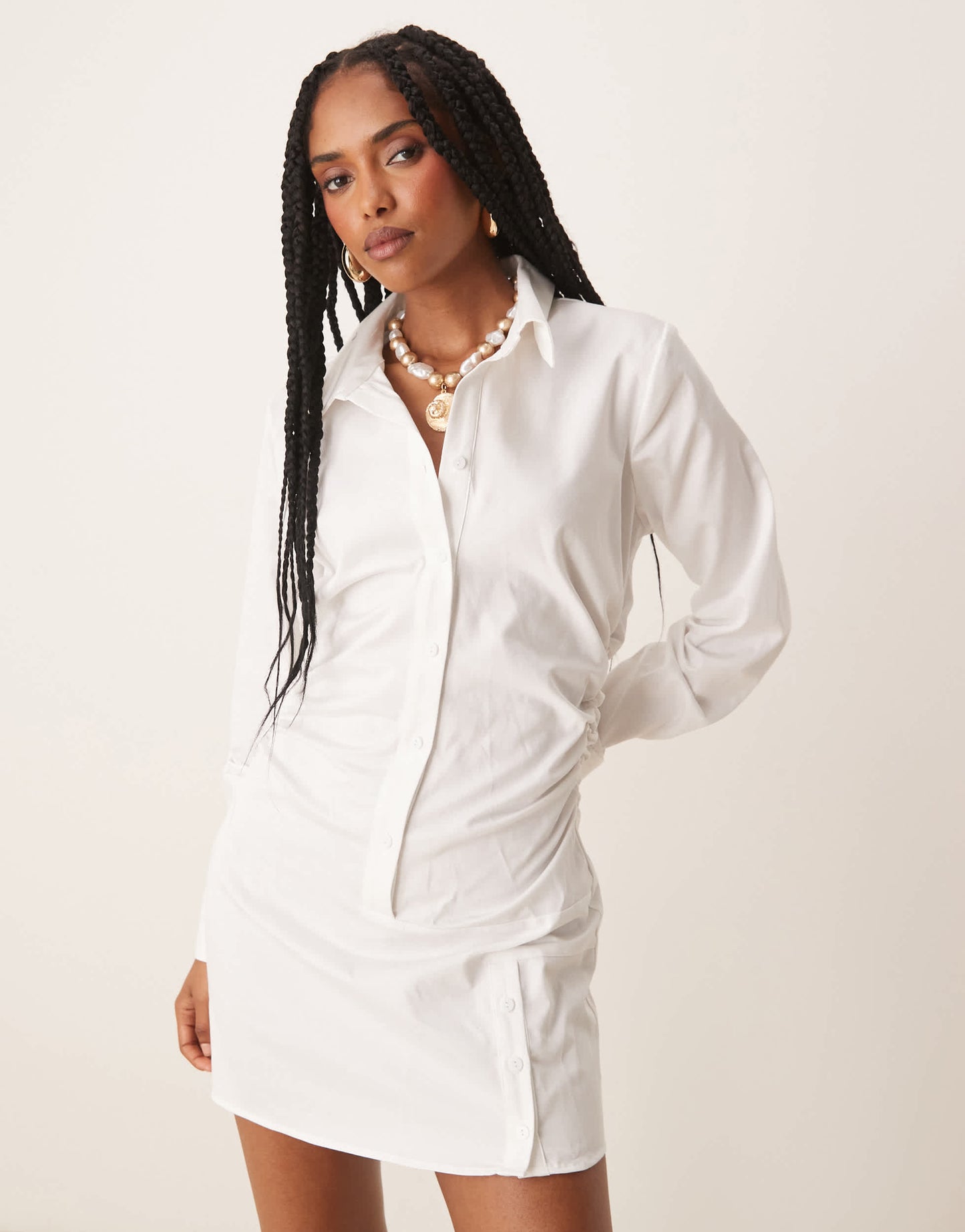 ASOS DESIGN cotton ruched waist shirt mini dress with flared sleeve in white
