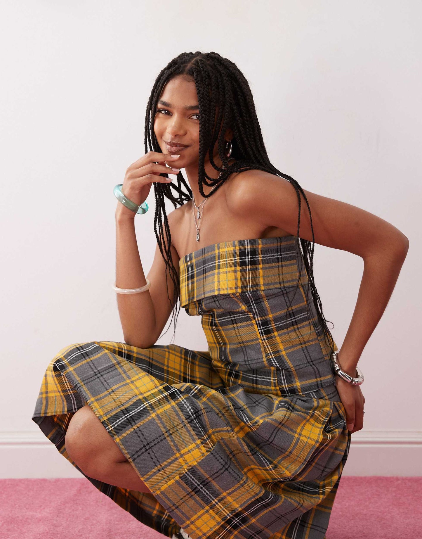 COLLUSION 90s longline bandeau co-ord in yellow check