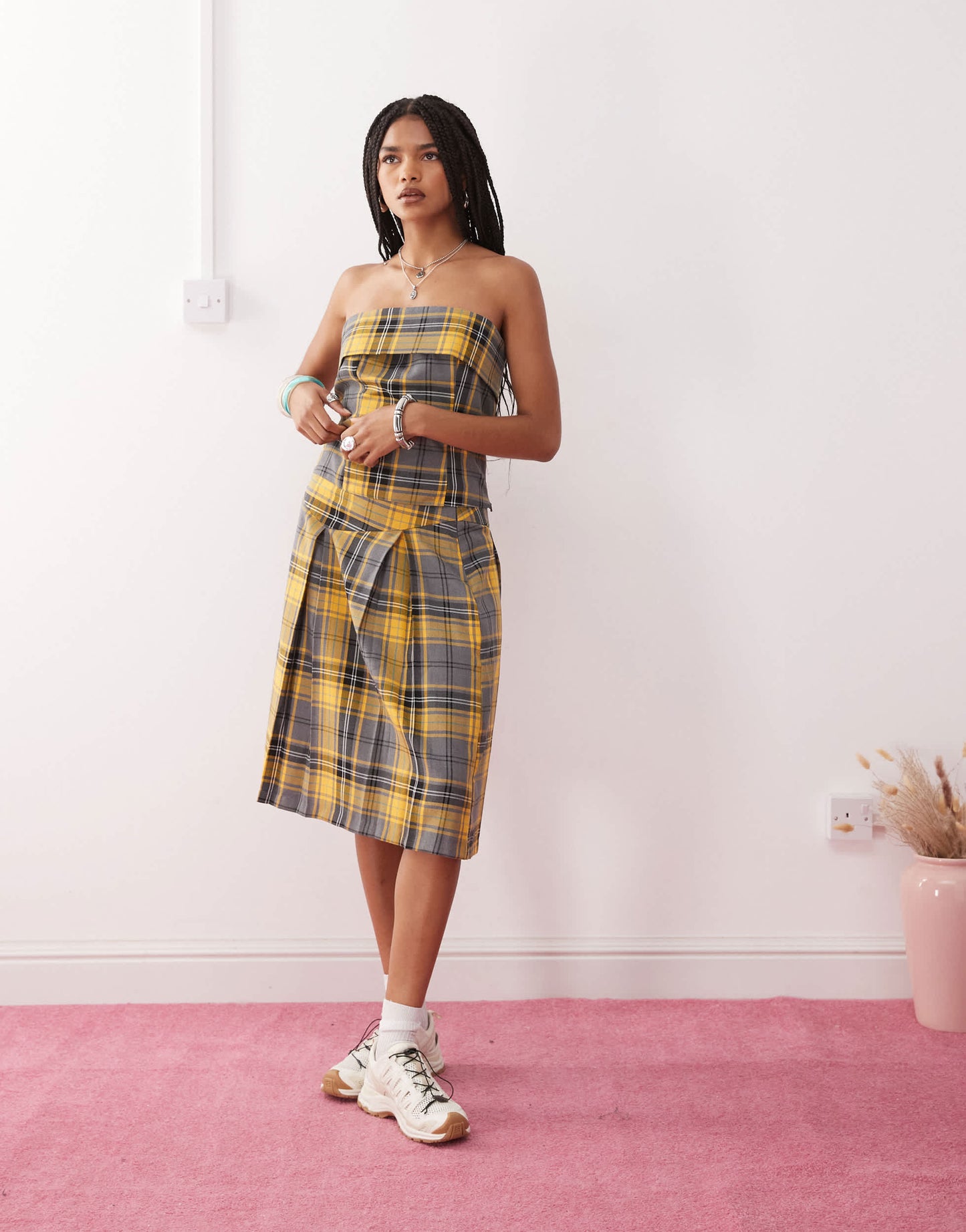 COLLUSION 90s longline bandeau co-ord in yellow check