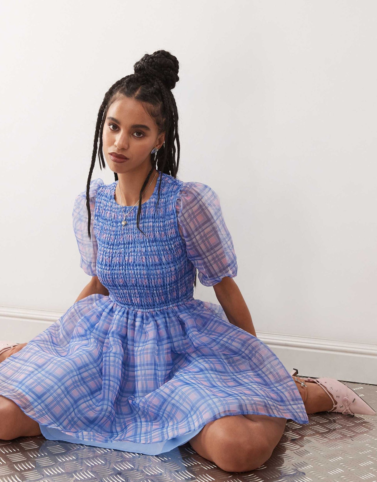 Amy Lynn organza puffball mini dress with cut out back in purple check