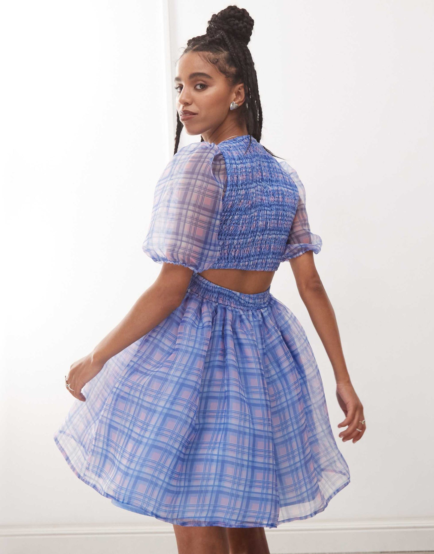 Amy Lynn organza puffball mini dress with cut out back in purple check
