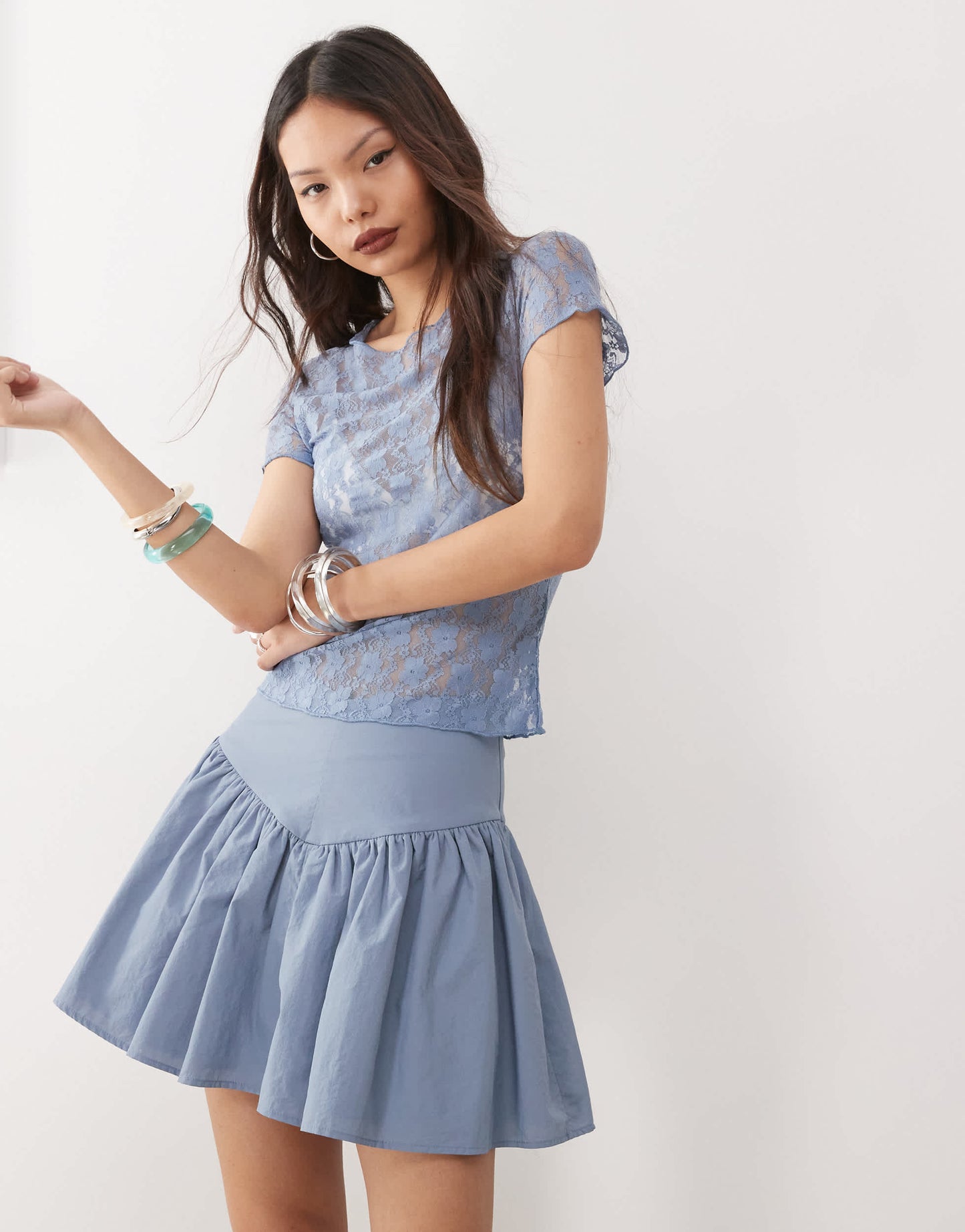 Amy Lynn sheer lace floral tee in dusty blue