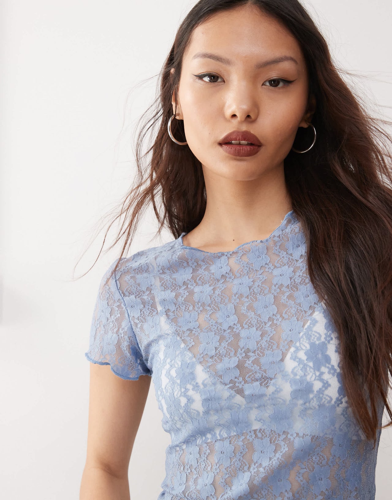 Amy Lynn sheer lace floral tee in dusty blue