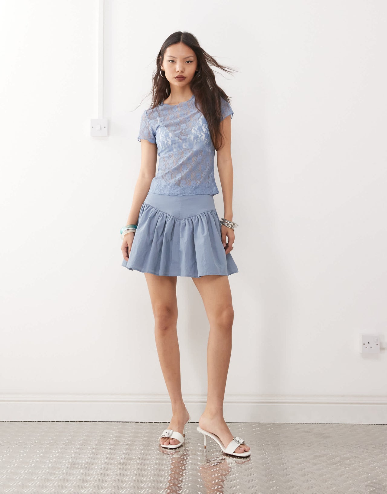 Amy Lynn sheer lace floral tee in dusty blue