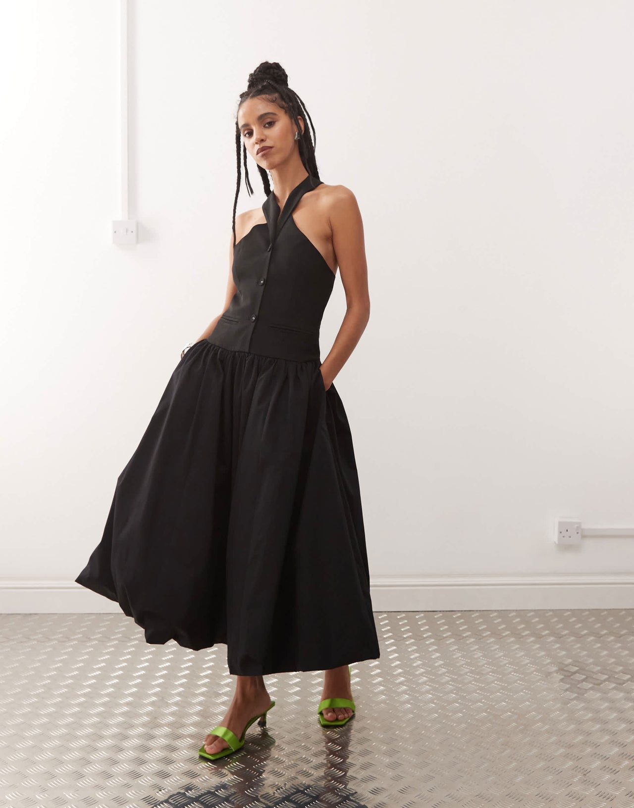 Amy Lynn Alexa tailored halter neck puffball midi dress in black