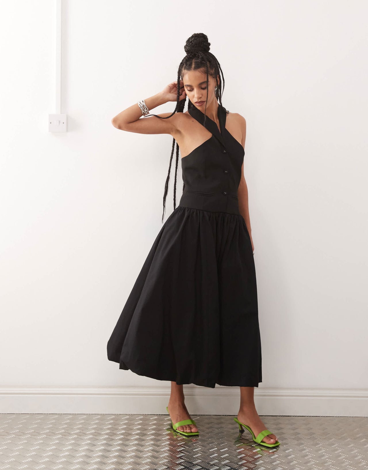 Amy Lynn Alexa tailored halter neck puffball midi dress in black