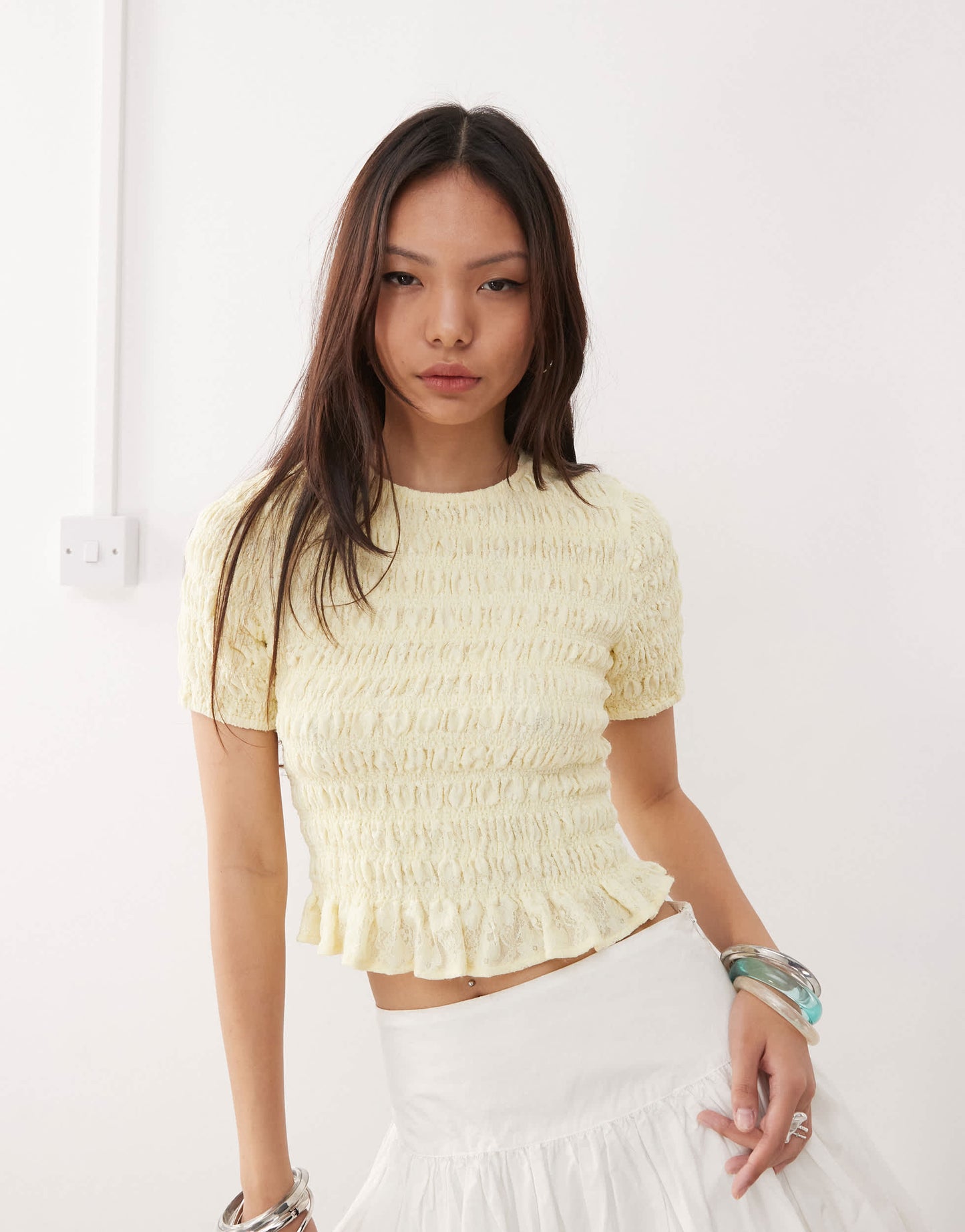 Amy Lynn Eleanor lace shirred top in lemon