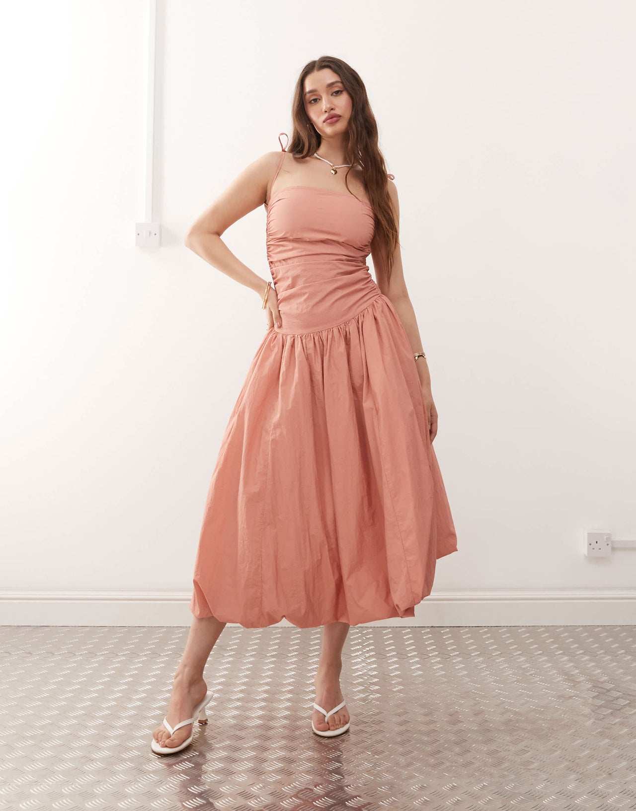 Amy Lynn Alexa tie shoulder puffball nylon midi dress in tawny