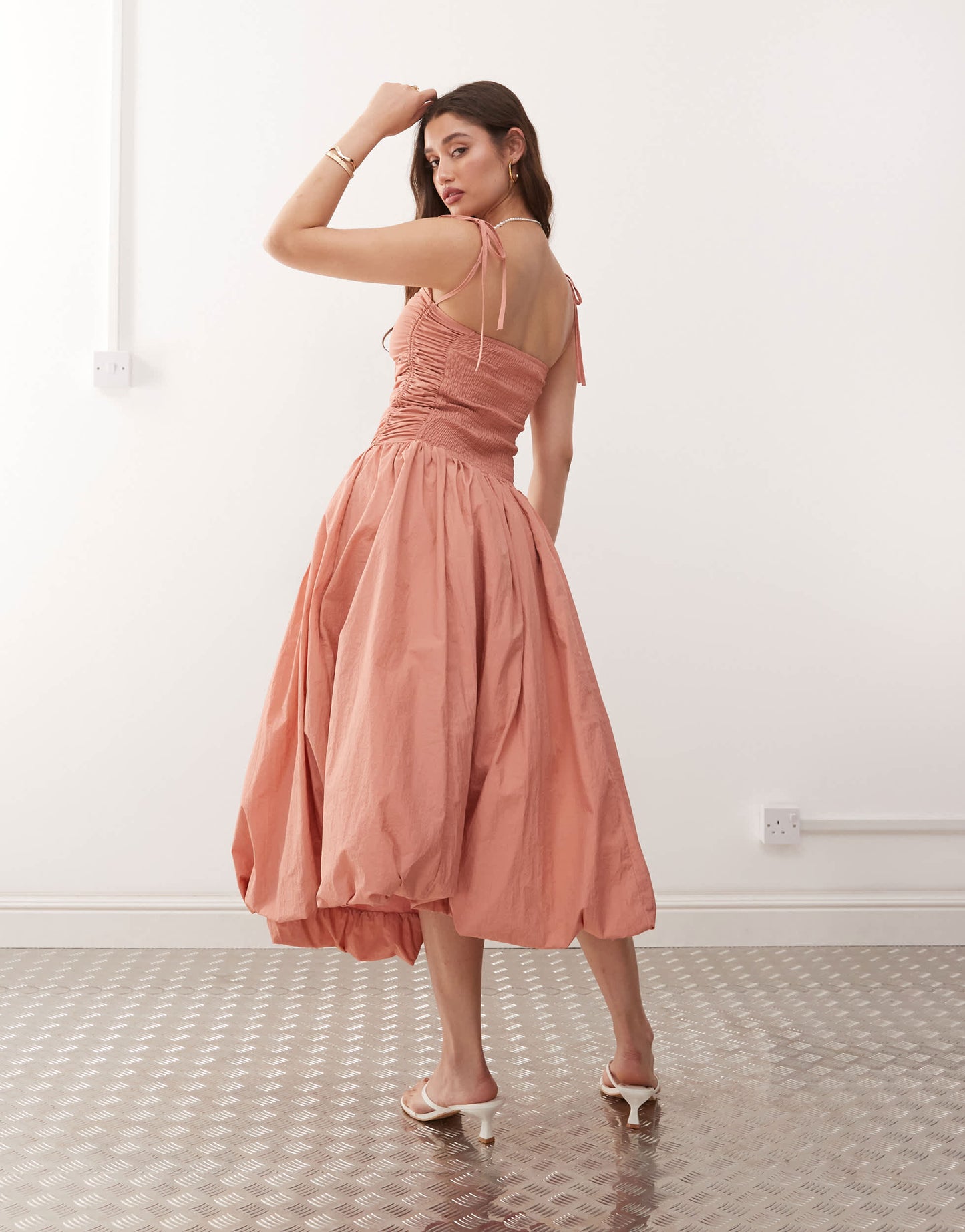 Amy Lynn Alexa tie shoulder puffball nylon midi dress in tawny