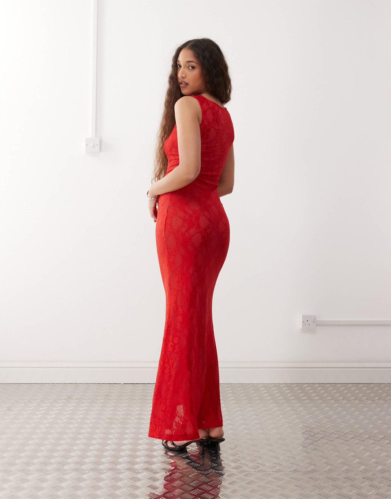 Amy Lynn sheer lace slip maxi dress in red