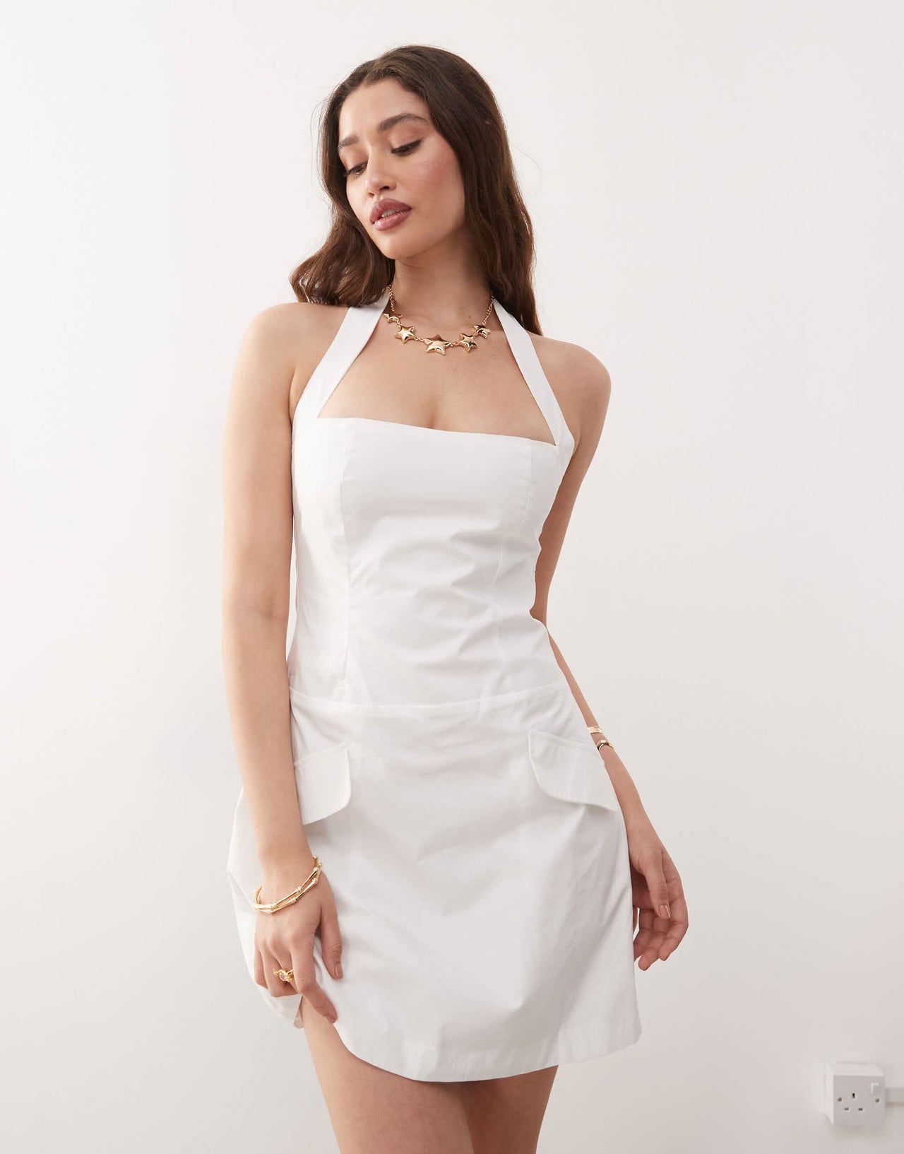 Amy Lynn square halter neck tailored mini dress in white