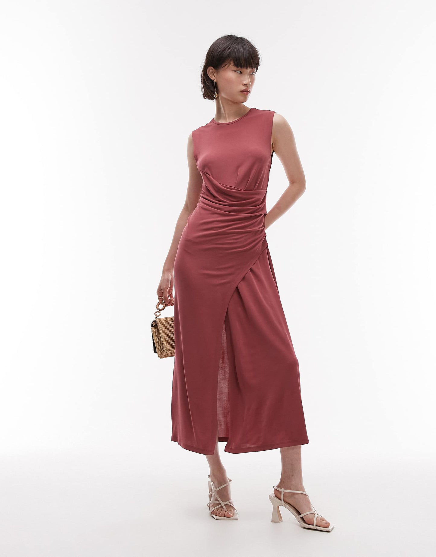 & Other Stories jersey midaxi dress with drape detail and asymmetric wrap front in pomegranate berry red