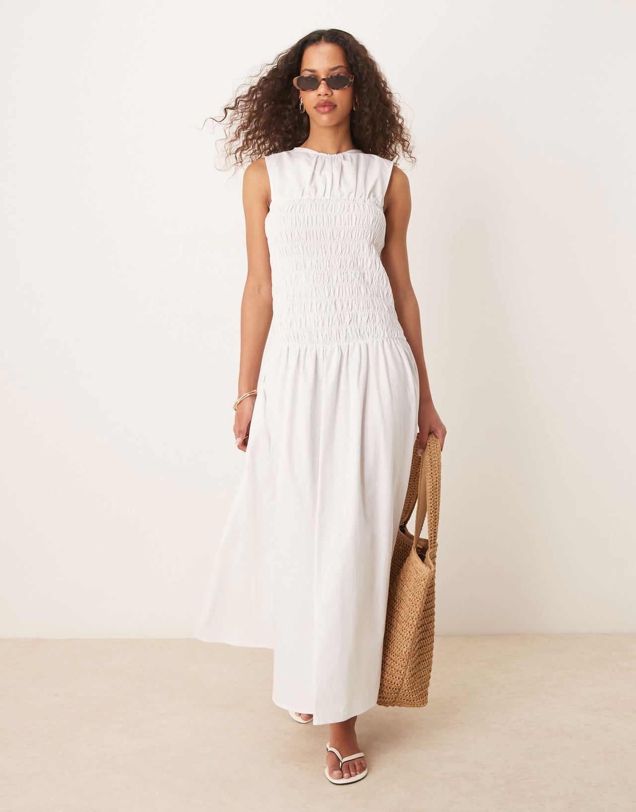 ASOS DESIGN shirred waist maxi dress in white