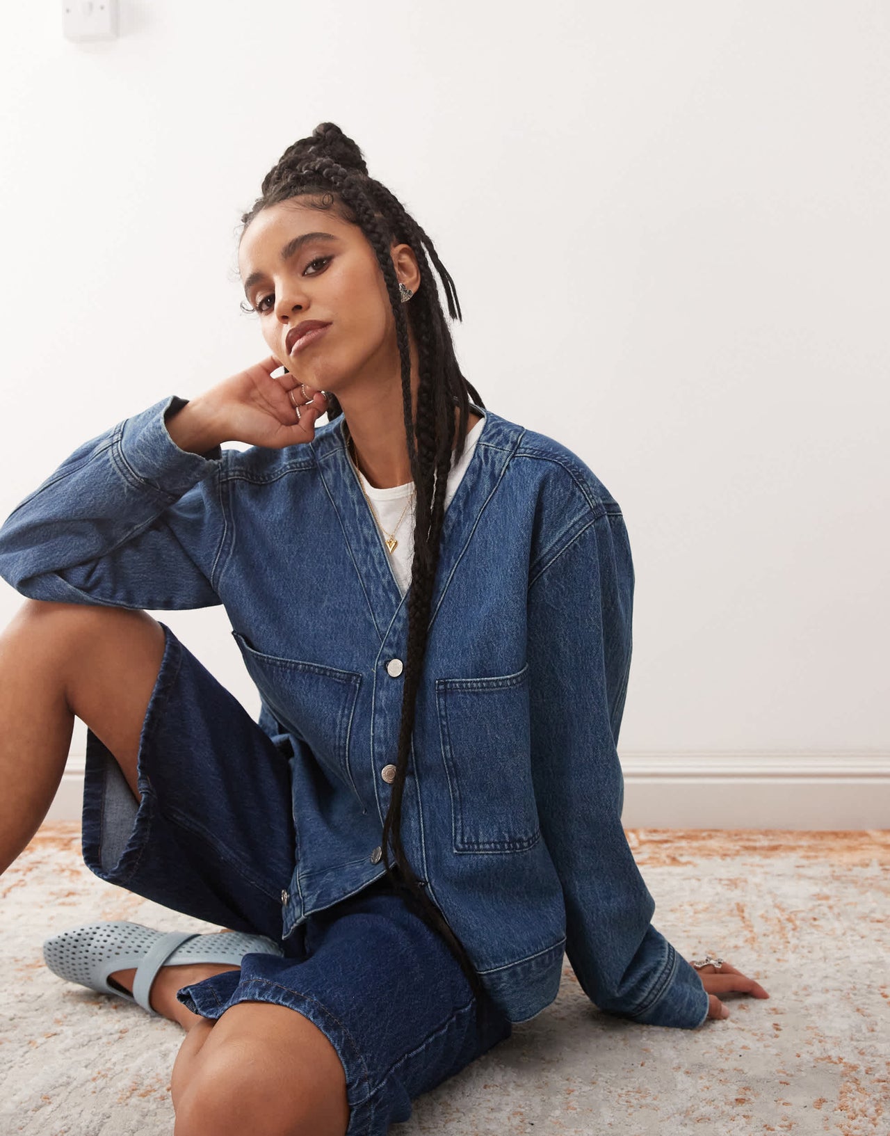 Reclaimed Vintage denim baseball shirt in mid wash blue