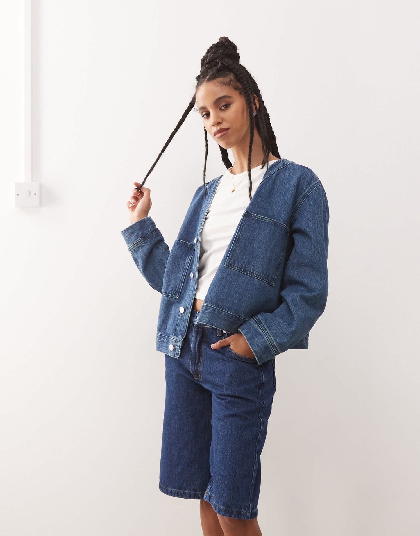 Reclaimed Vintage denim baseball shirt in mid wash blue