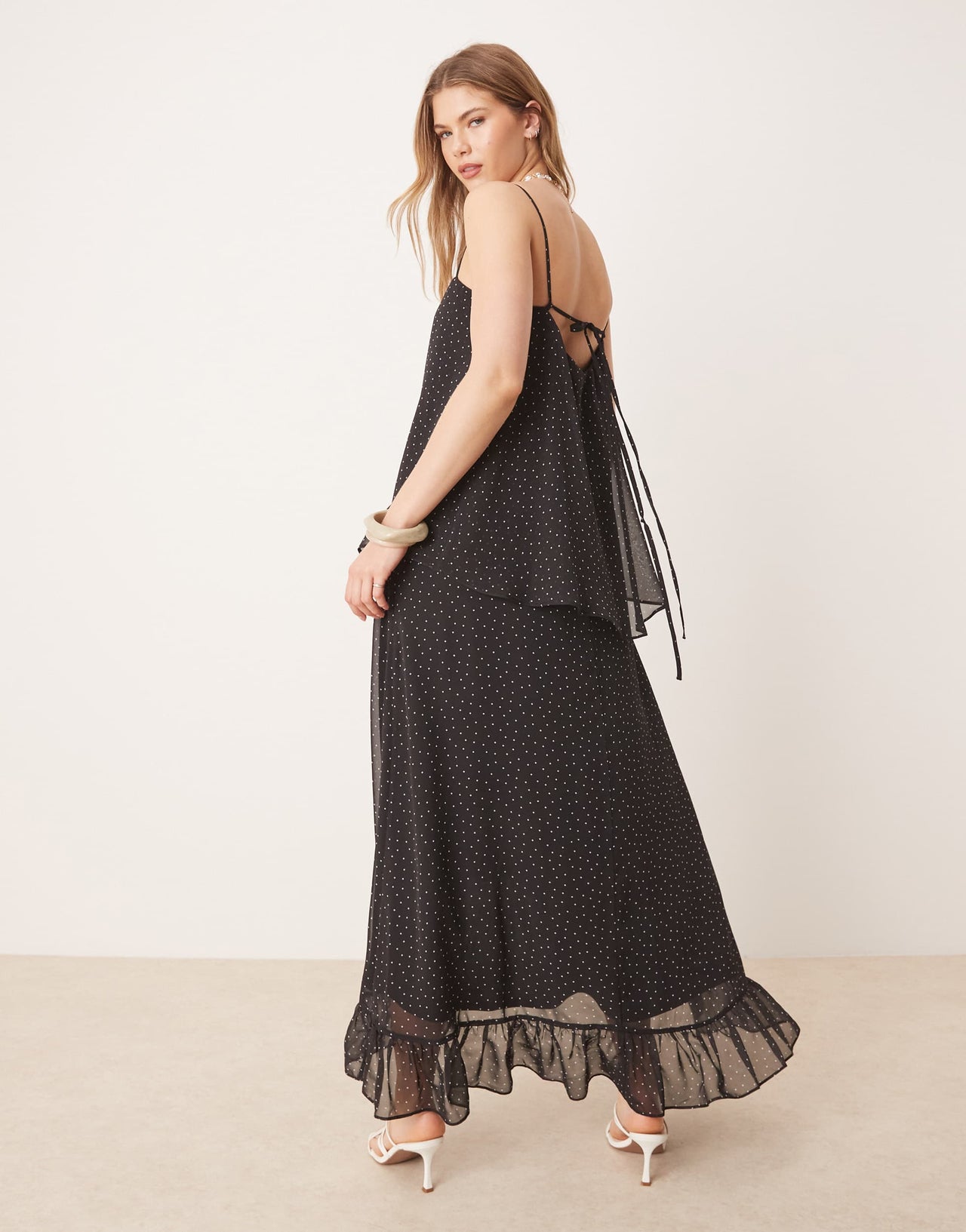 ASOS DESIGN cami chiffon frill hem maxi dress in black spot