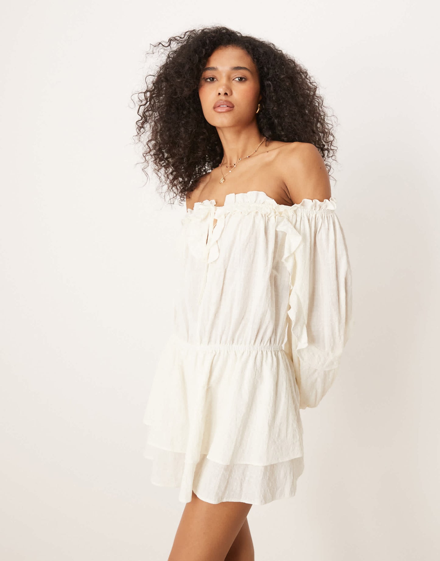 ASOS DESIGN cotton bardot ruffle mini dress in cream